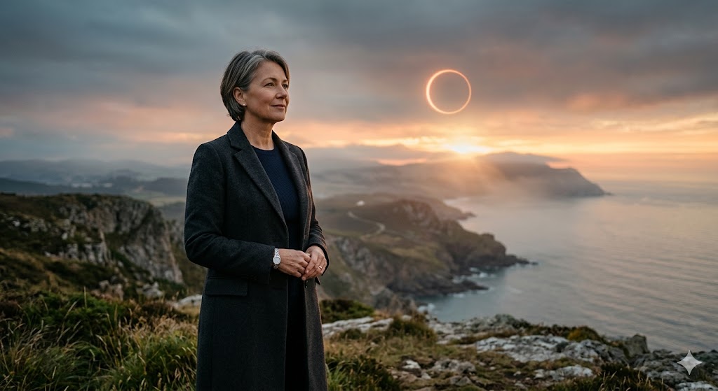 A woman stands on a cliff during a solar eclipse at sunset.
